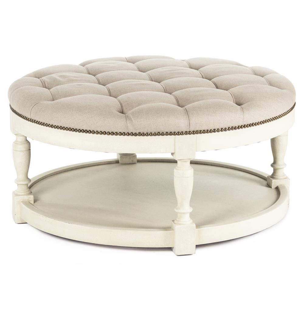 Marseille French Country Cream Ivory Linen Round Tufted Coffee Table In Round Staggered Nail Head Mirrors (View 7 of 15)