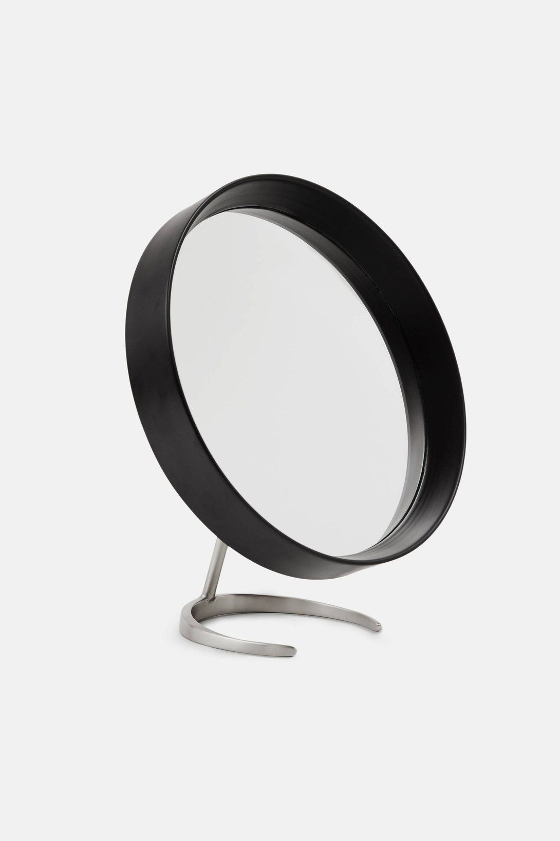 Matte Black Round Mirror With Matte Nickel Stand | Black Round Mirror Throughout Matte Black Metal Wall Mirrors (View 1 of 15)