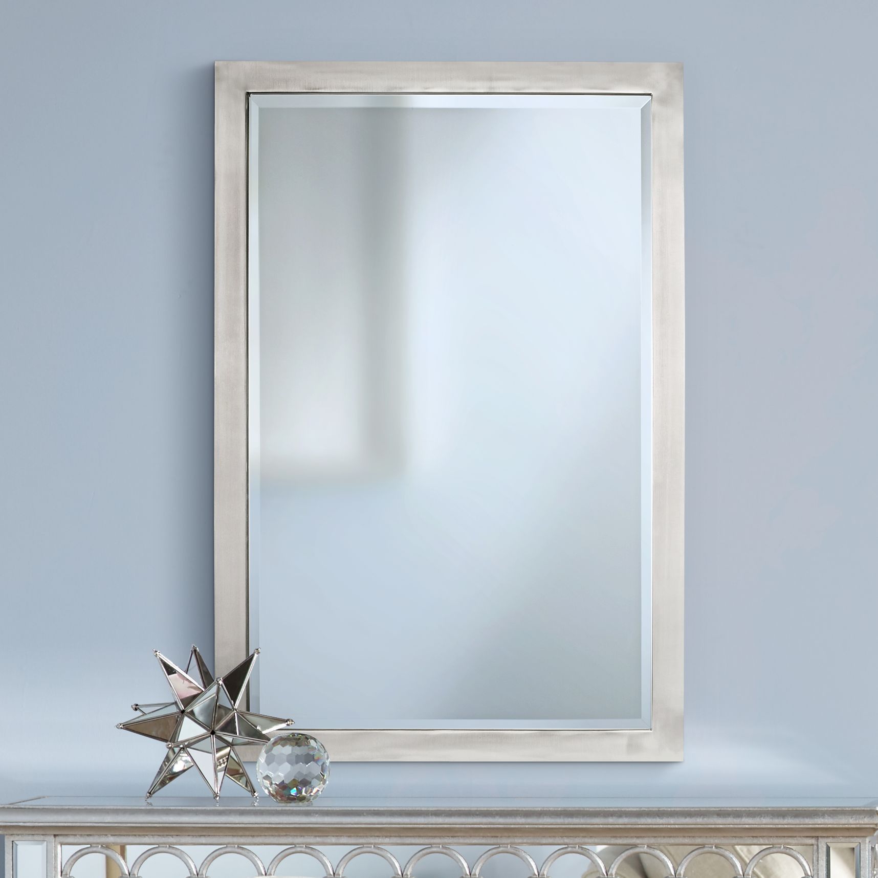 Metzeo 33" X 22" Brushed Nickel Wall Mirror – #T4543 | Lamps Plus In Pertaining To Oxidized Nickel Wall Mirrors (View 7 of 15)