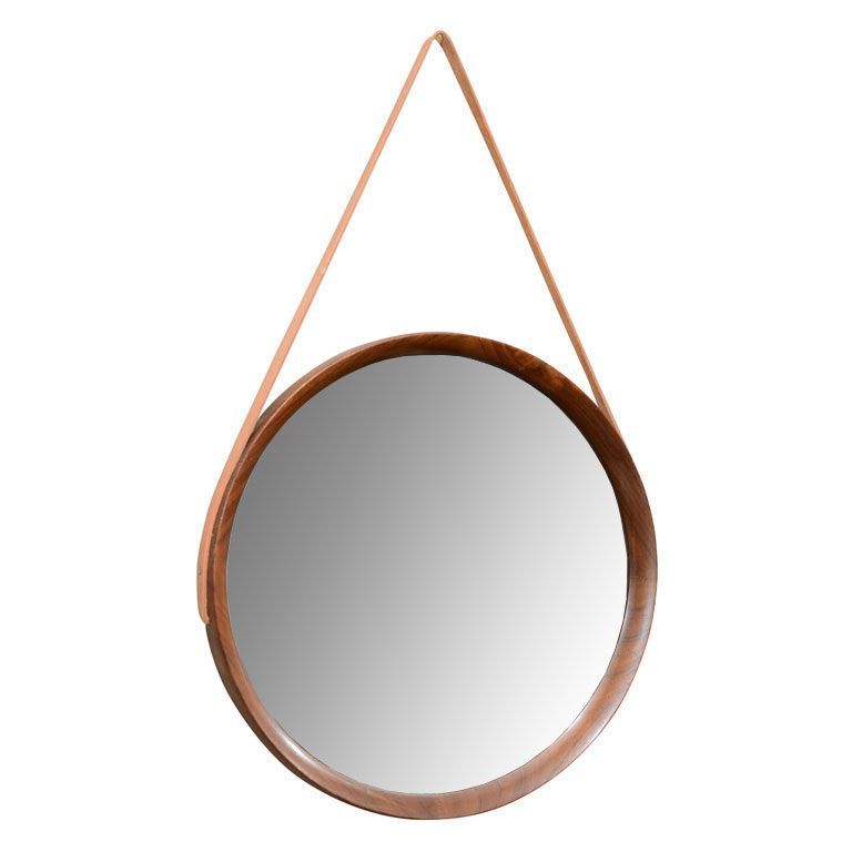 Mid Century Danish Modern Teak Wall Mirror With Leather Strap | Mirrors Pertaining To Black Leather Strap Wall Mirrors (View 2 of 15)