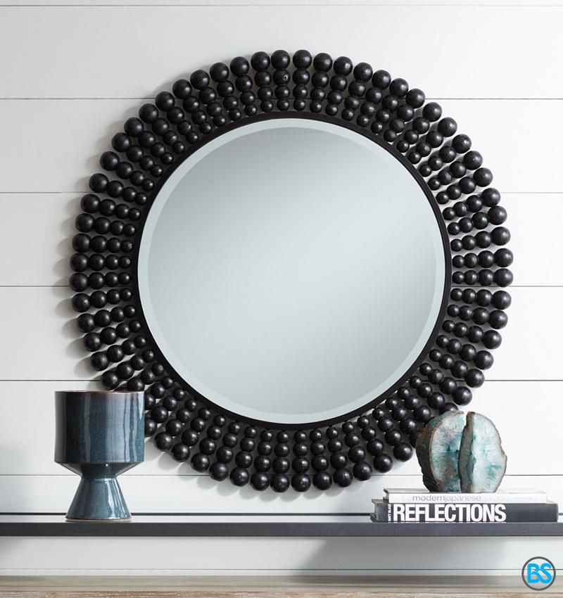 Mirrors | Ellisha 34 3/4" Round Black Wood Bead Wall Mirror Intended For Organic Natural Wood Round Wall Mirrors (View 8 of 15)