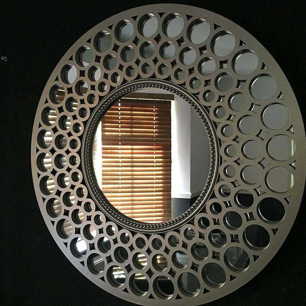 Moroccan Large Silver Round Wall Mirror Art Deco Metallic Silver Round With Silver Rounded Cut Edge Wall Mirrors (View 7 of 15)