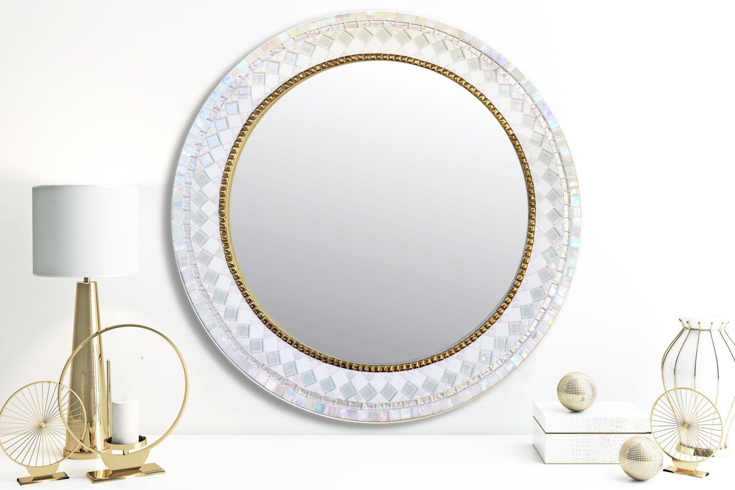 Mosaic Mirror Round Wall Mirror White And Gold Mosaic With Gold Black Rounded Edge Wall Mirrors (View 2 of 15)