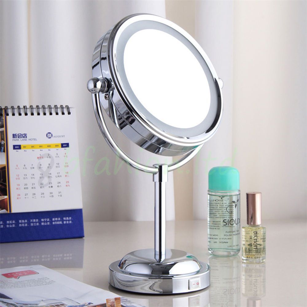New Round Double Sided Lighted Makeup Shave Mirror With Magnification X With Regard To Single Sided Chrome Makeup Stand Mirrors (View 14 of 15)
