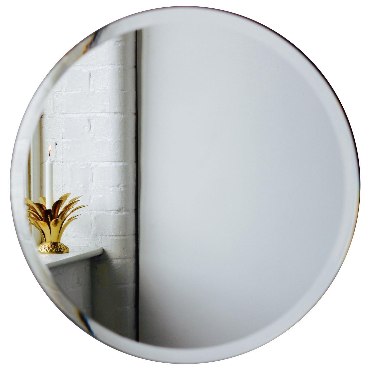 Orbis™ Round Frameless Beveled Mirror With Brass Clips – Extra Large Pertaining To Crown Frameless Beveled Wall Mirrors (View 6 of 15)