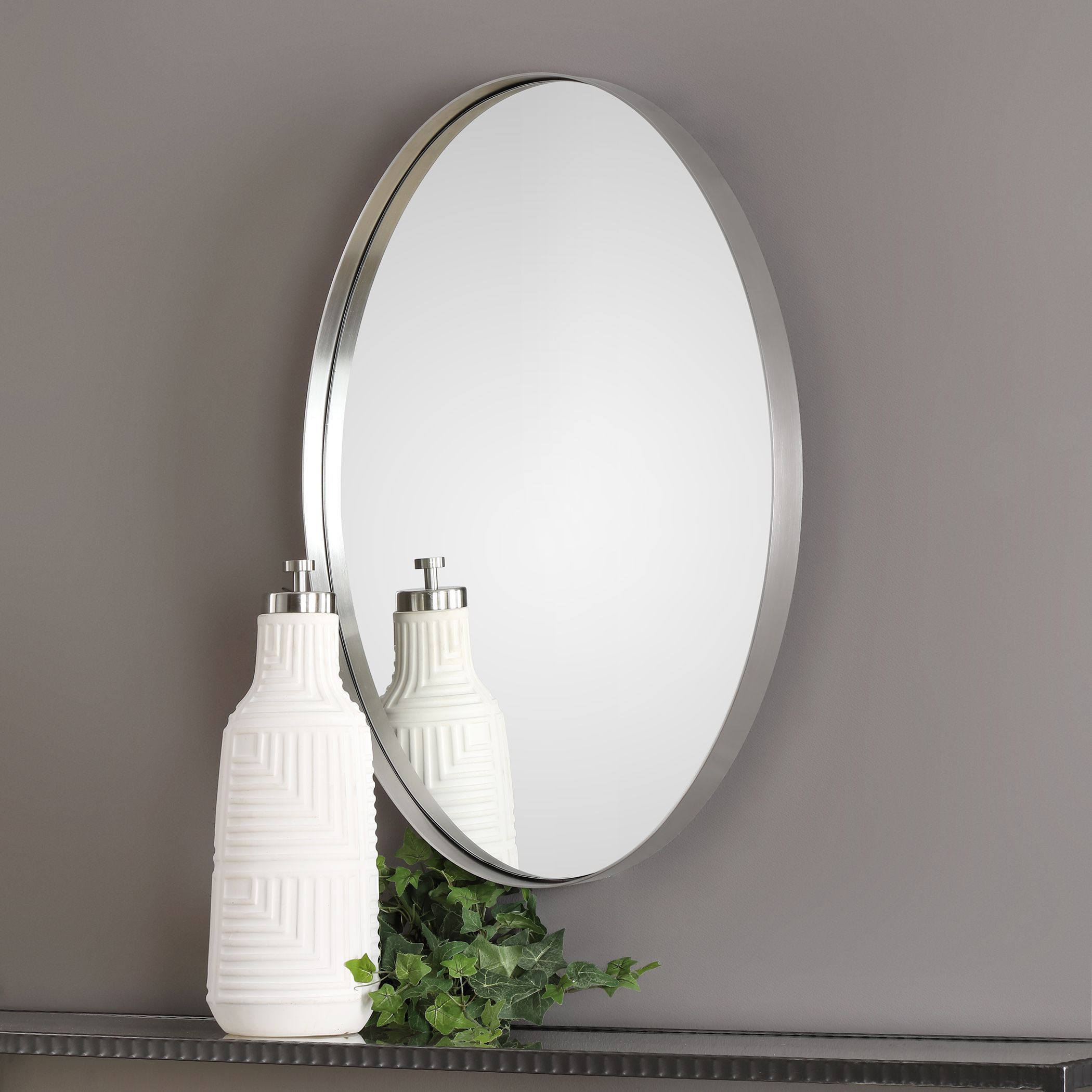 Pursley Contemporary Brushed Nickel Oval Framed Wall Mirror | Oval With Nickel Floating Wall Mirrors (View 14 of 15)