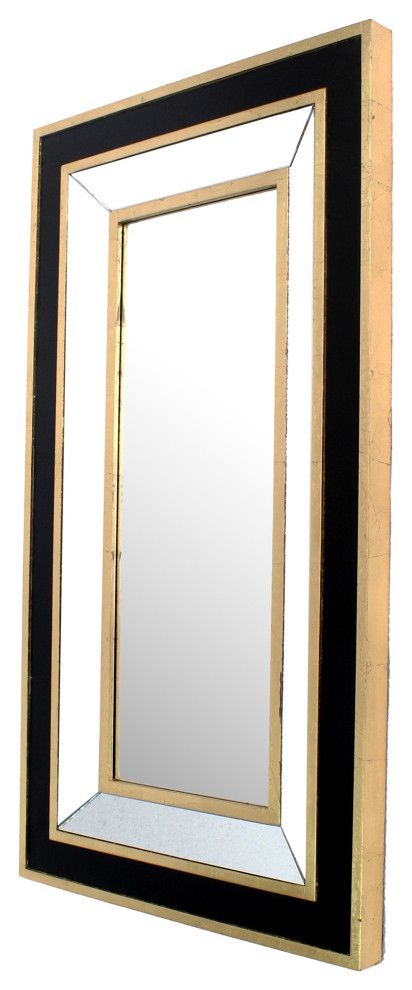 Rectangular Wooden Dressing Mirror With Beveled Edges, Black And Gold Intended For Square Frameless Beveled Wall Mirrors (View 12 of 15)