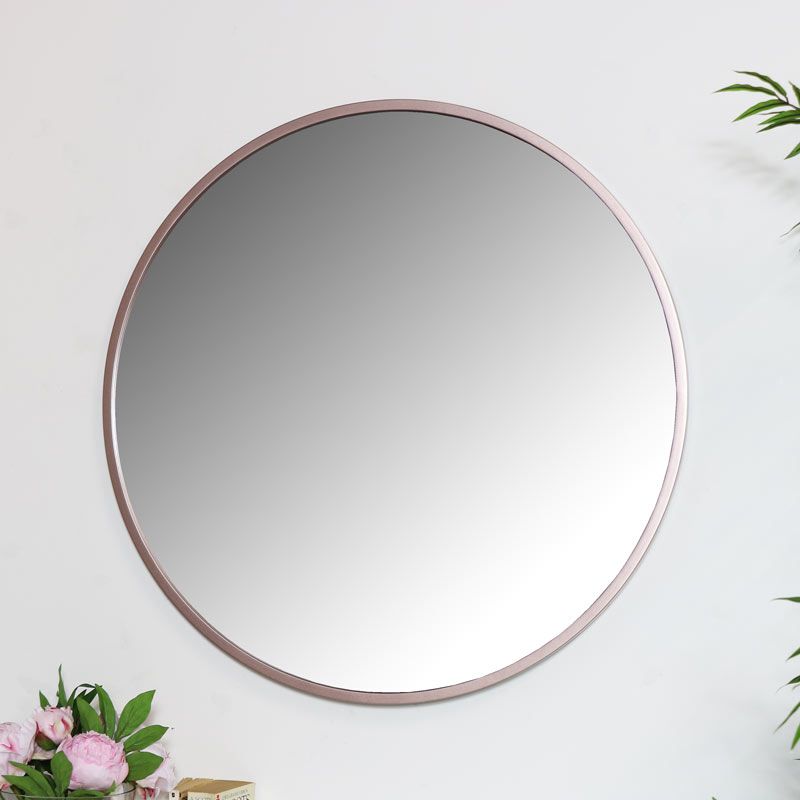 Round Rose Gold Pink Wall Mirror Large Thin Framed Copper Modern Scandi Inside Pink Wall Mirrors (View 12 of 15)