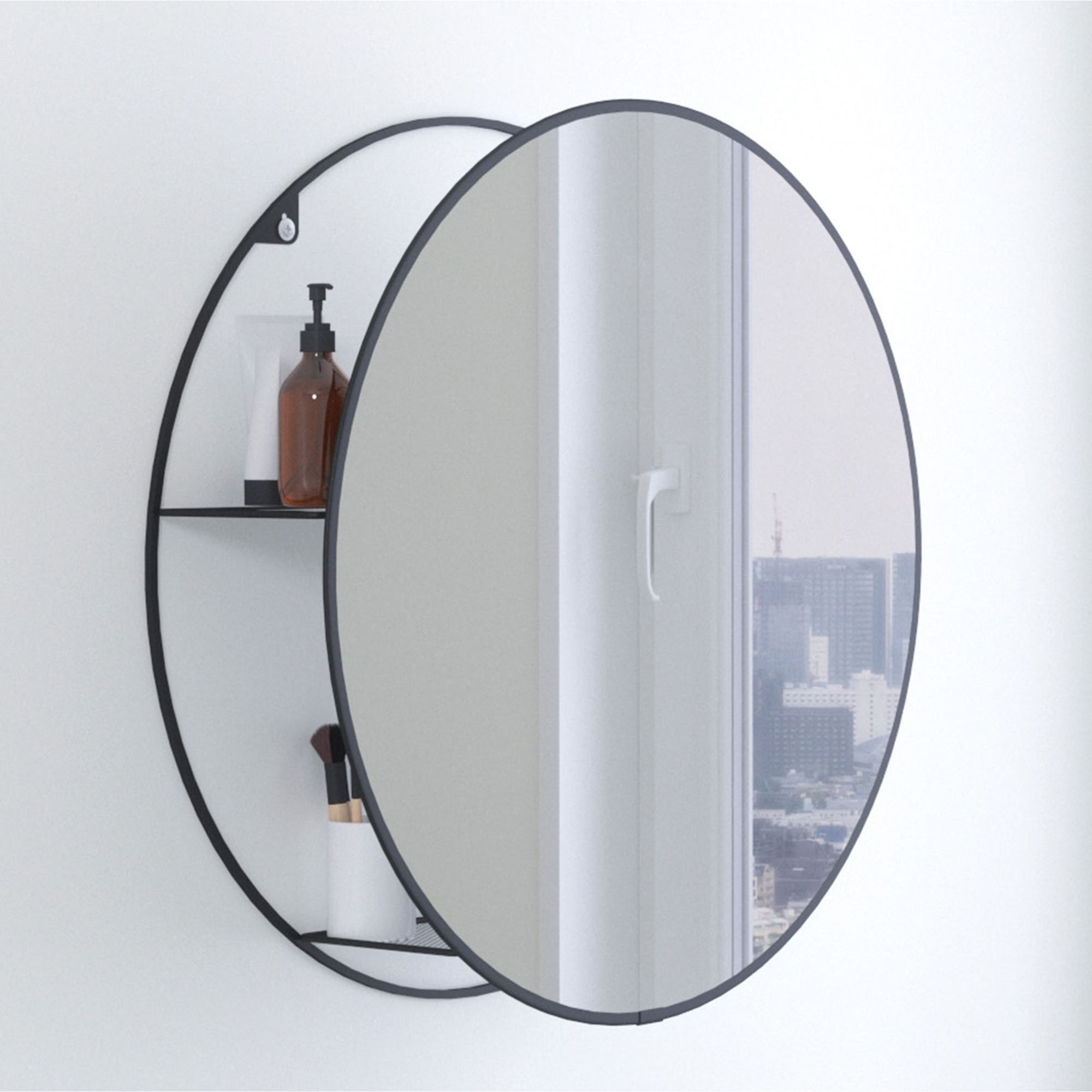 Round Storage Wall Mirror With Hidden Shelves Intended For Round Grid Wall Mirrors (View 13 of 15)