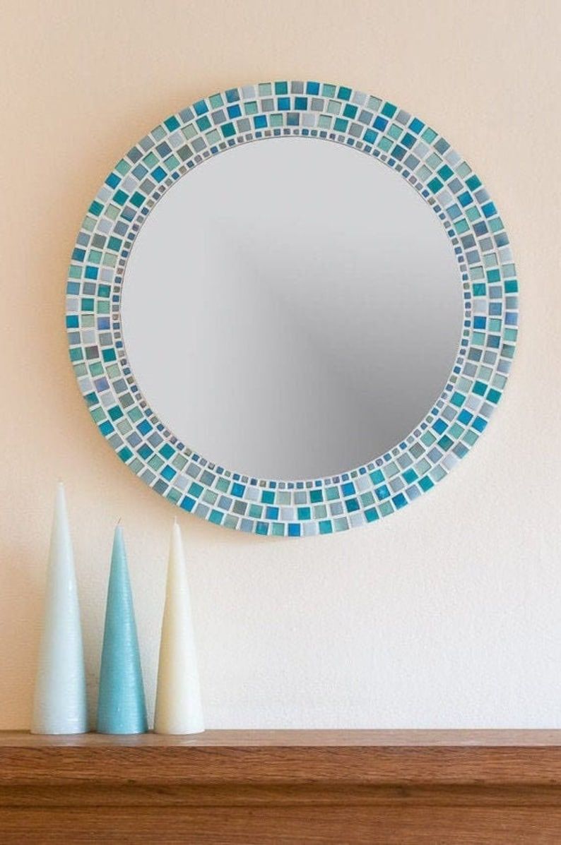 Round Wall Mirror In Turquoise Aqua Blue / Bathroom Mirror / | Etsy For Round Bathroom Wall Mirrors (View 9 of 15)