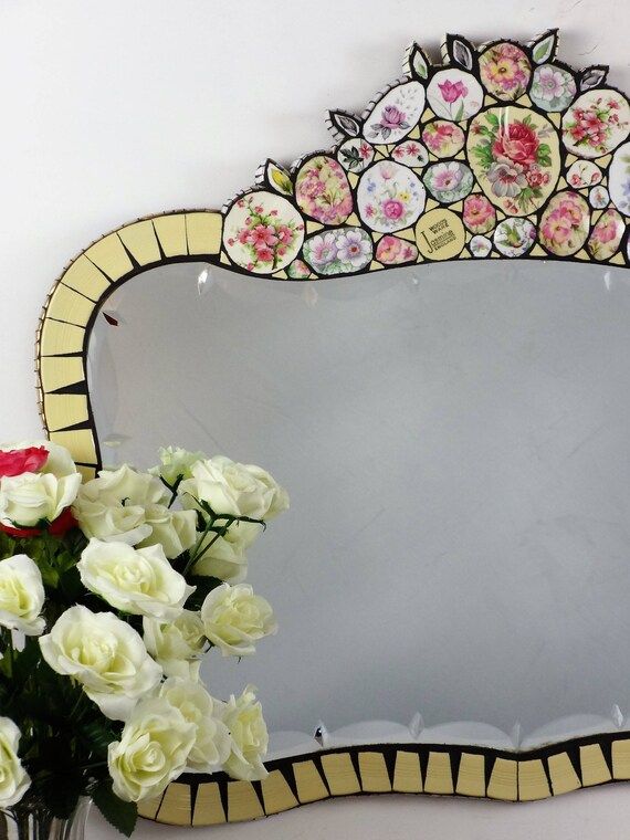 Round Wall Mirror Vintage Mosaic Mirror Pink And Yellow | Etsy Inside Pink Wall Mirrors (View 7 of 15)