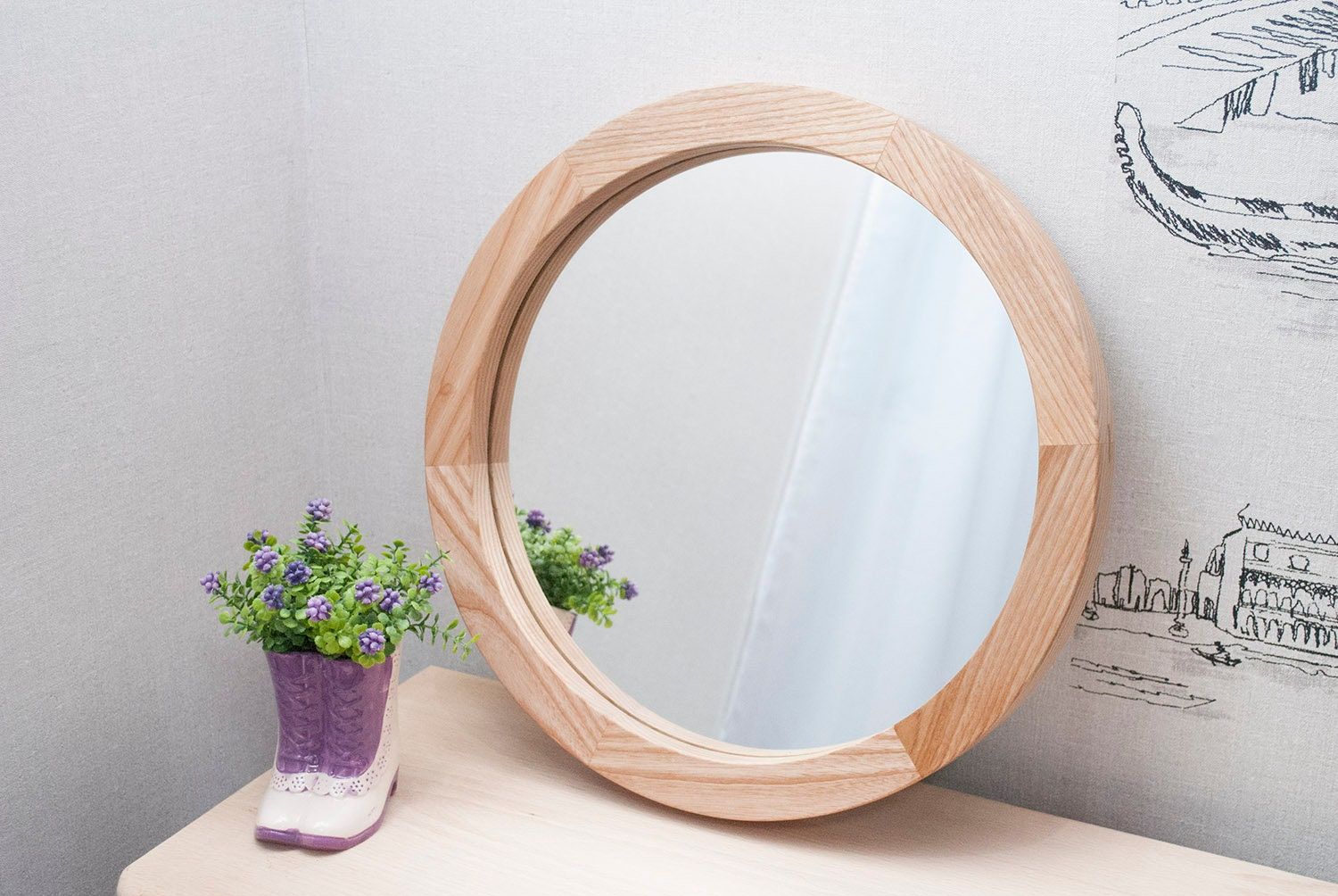 Round Wood Mirror Round Decorative Wall Mirror Ash White | Etsy Inside Stitch White Round Wall Mirrors (View 3 of 15)