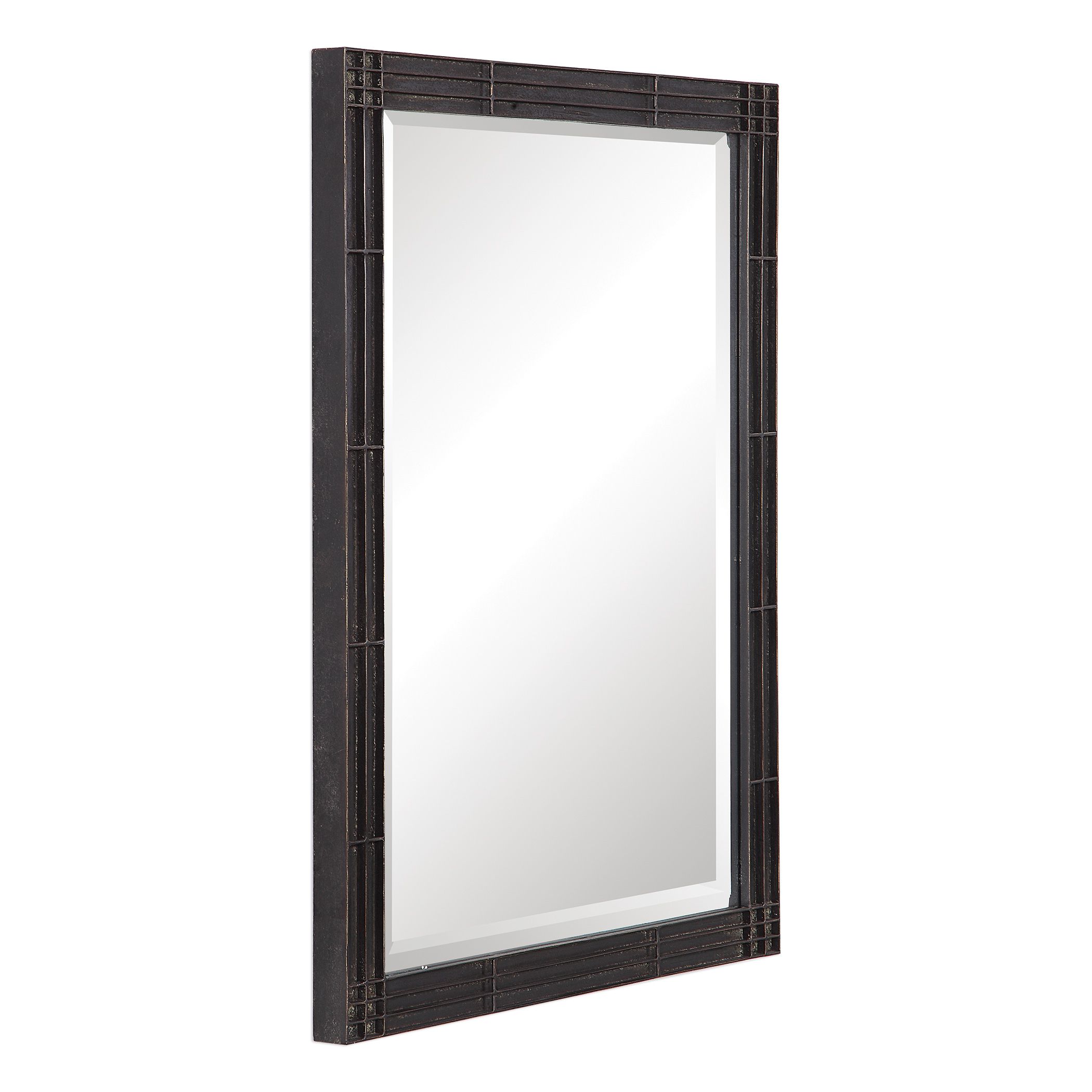 Rustic Black Silver Iron Wall Mirror | 35" Geometric Vanity Metal Pertaining To Metallic Silver Wall Mirrors (View 10 of 15)