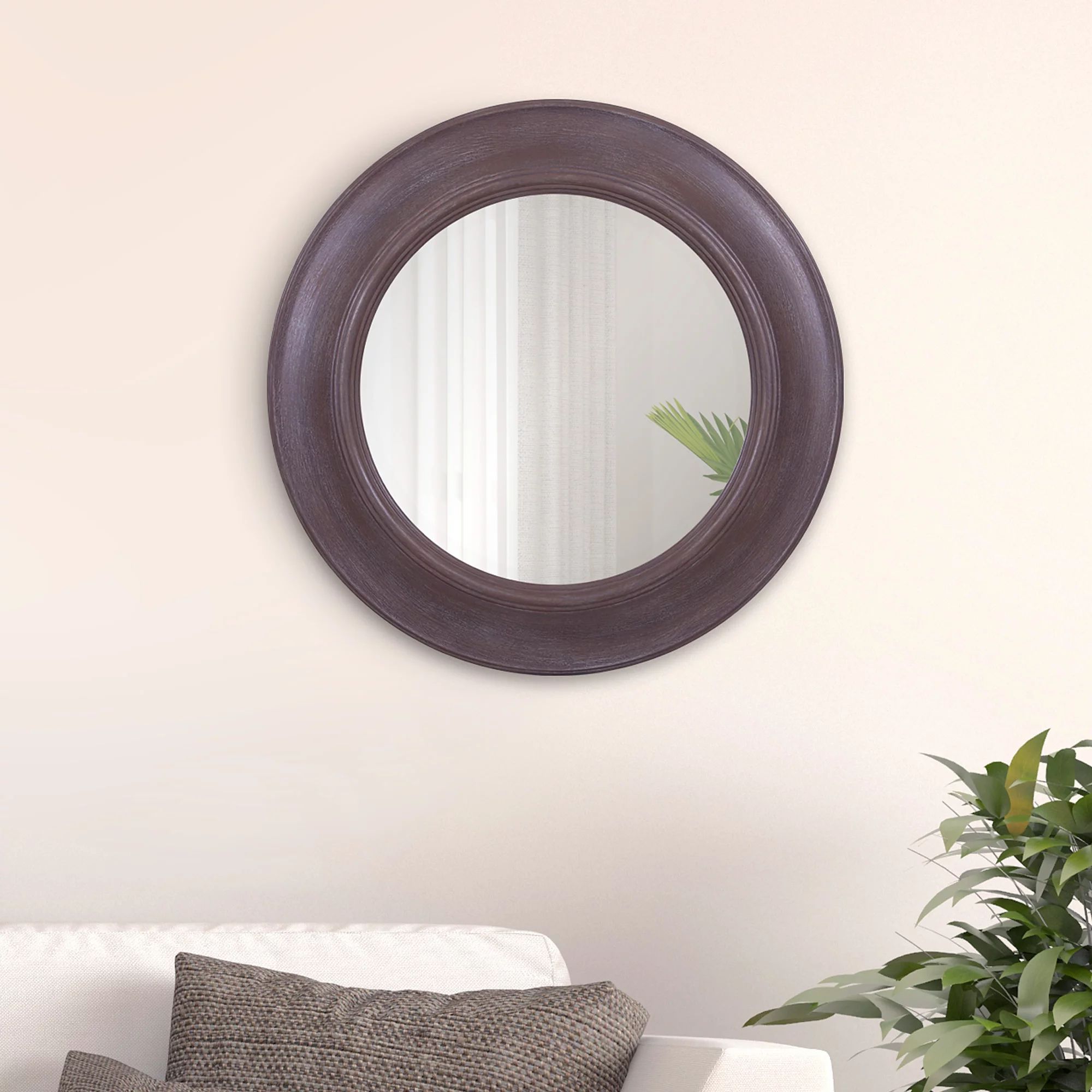Rustic Round Mirror In Distressed Taupe 24"X24"Patton Wall Decor Regarding Distressed Black Round Wall Mirrors (View 2 of 15)