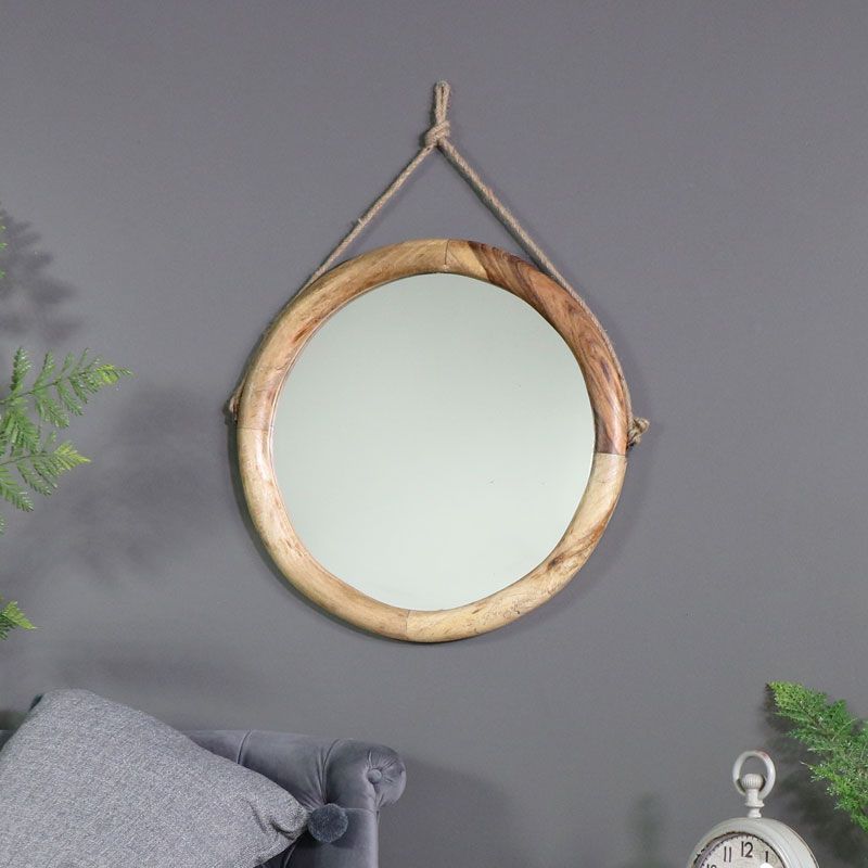 Rustic Round Wooden Wall Mirror Rope Hanger Bathroom Living Room Hall Within Round Bathroom Wall Mirrors (View 15 of 15)