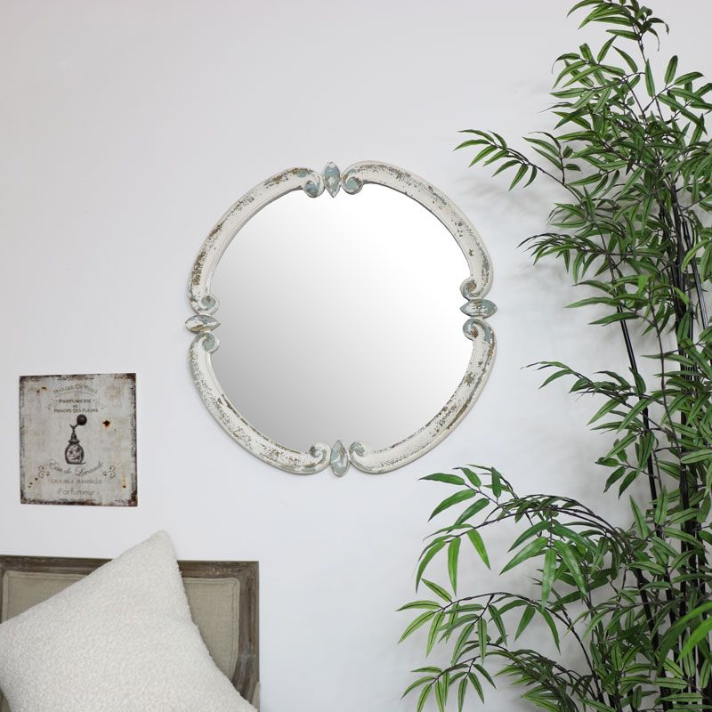 Rustic White Wall Mirror 68Cm X 68Cm With Stitch White Round Wall Mirrors (View 10 of 15)