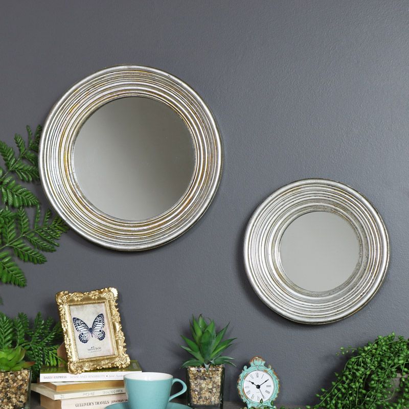 Set Of 2 Antiqued Round Silver Wall Mirrors – Melody Maison® Regarding Round Stacked Wall Mirrors (View 9 of 15)