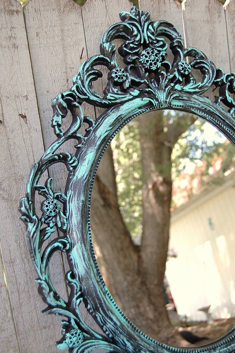 Shabby Chic Mirror Baroque Mirror Aqua Turquoise Black | Etsy | Shabby Regarding Ceiling Hung Oval Mirrors (View 9 of 15)