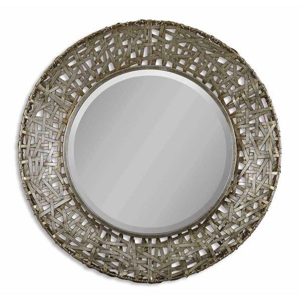 Shop 32" Antiqued Champagne & Black Woven Metal Framed Beveled Round In Black Round Wall Mirrors (View 10 of 15)