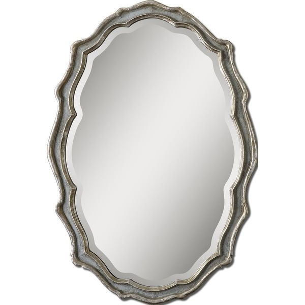 Shop 36" Antique Silver Leaf & Slate Blue Scalloped Framed Beveled Oval For Round Scalloped Edge Wall Mirrors (View 3 of 15)
