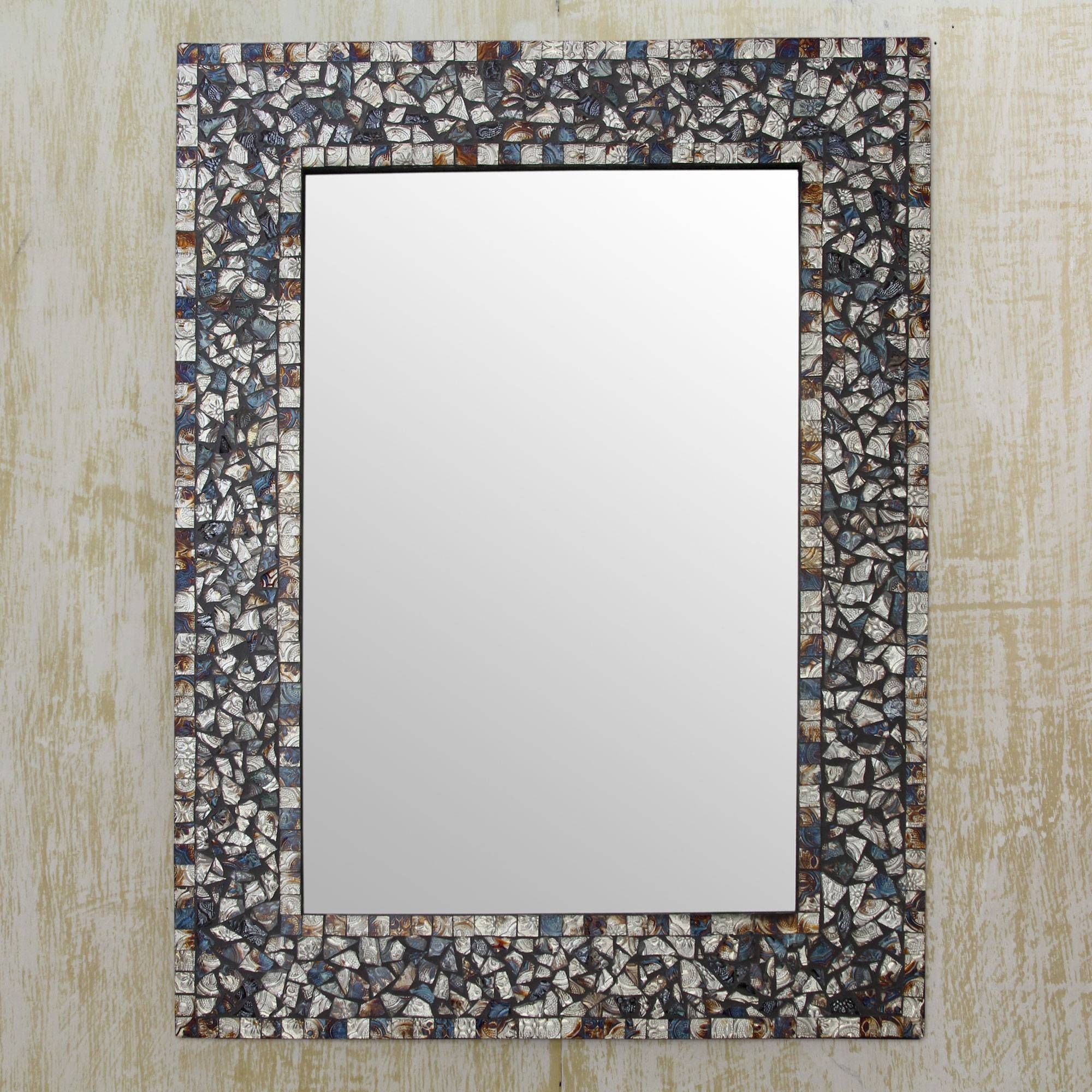 Silver Blue Brown Glass Mosaic Wall Mirror From India – Silver Twilight Regarding Blue Wall Mirrors (View 4 of 15)