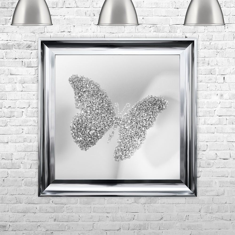 Silver Butterfly | Mirror Back | Framed Liquid Artwork And Swarovski Pertaining To Butterfly Gold Leaf Wall Mirrors (View 7 of 15)
