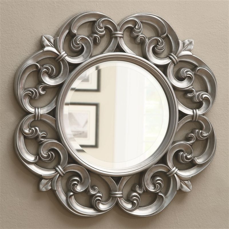 Silver Fleur De Lis Ornate Round Wall Mirrorcoaster – 900699 Within Silver Rounded Cut Edge Wall Mirrors (View 12 of 15)