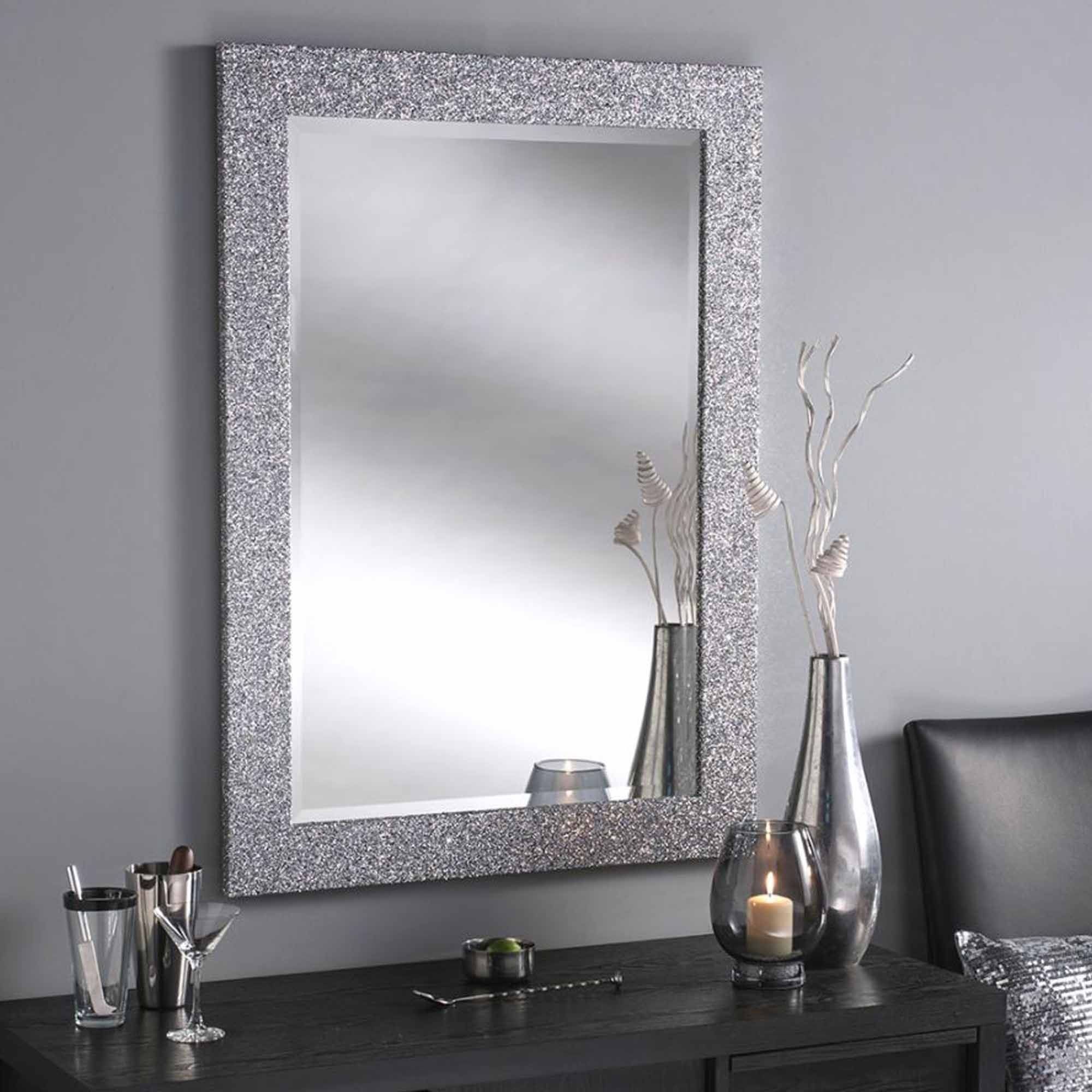Silver Glitter Rectangular Wall Mirror | Homesdirect365 For Silver Asymmetrical Wall Mirrors (View 7 of 15)
