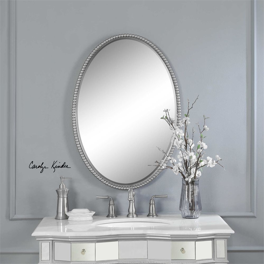 Silver Nickel Beaded Edge Oval Wall Mirror 32" Vanity Bathroom Horchow In Brushed Nickel Round Wall Mirrors (View 4 of 15)