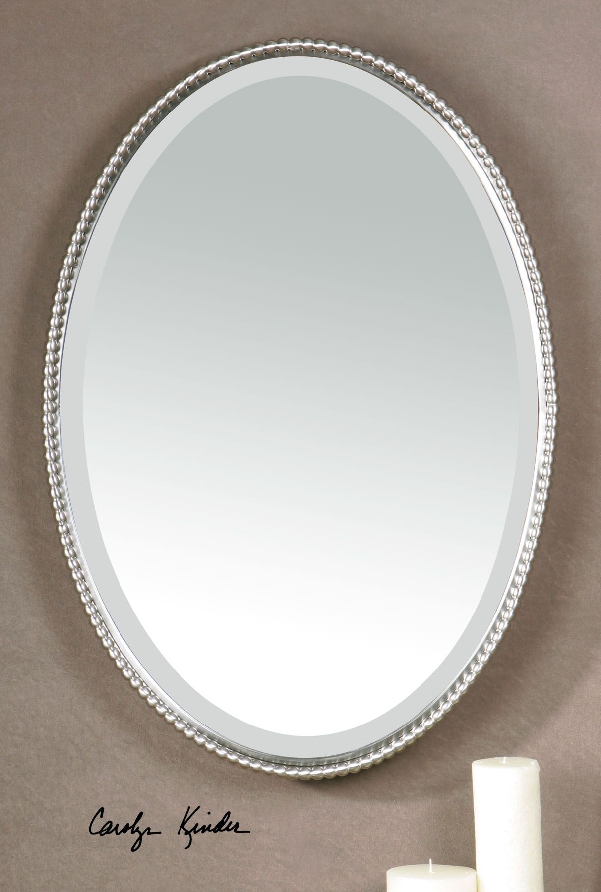 Silver Nickel Beaded Edge Oval Wall Mirror 32" Vanity Bathroom Horchow Pertaining To Round Beaded Trim Wall Mirrors (View 2 of 15)
