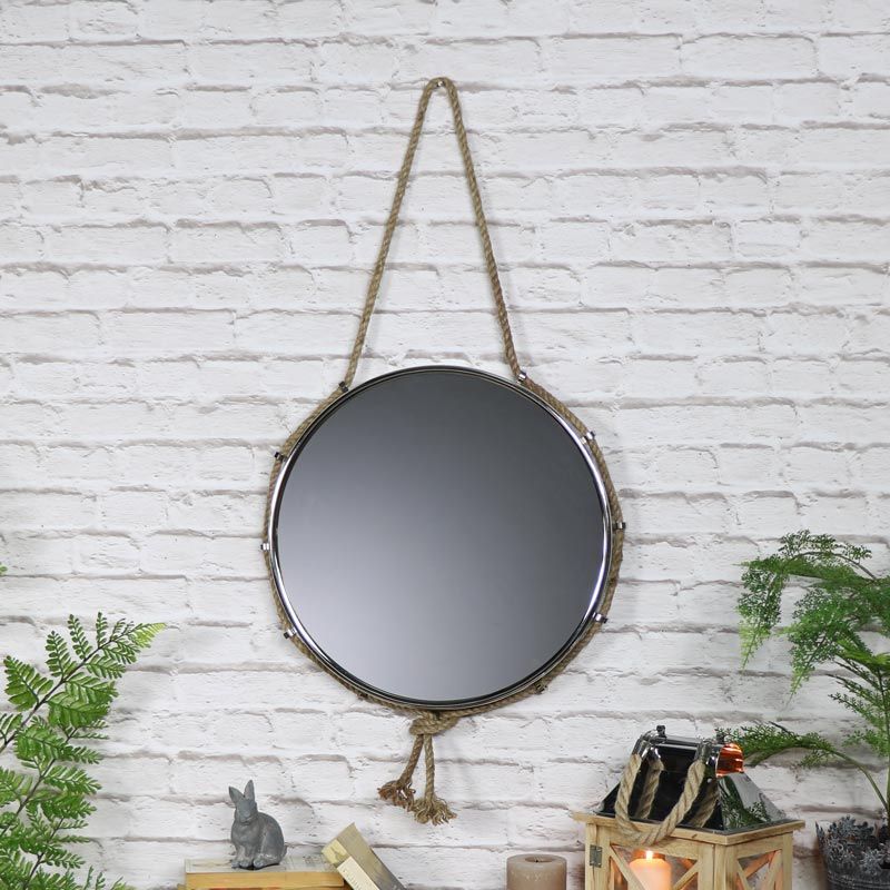 Silver Nickel Nautical Wall Mirror With Rope Hanger 44Cm Pertaining To Nickel Floating Wall Mirrors (View 11 of 15)
