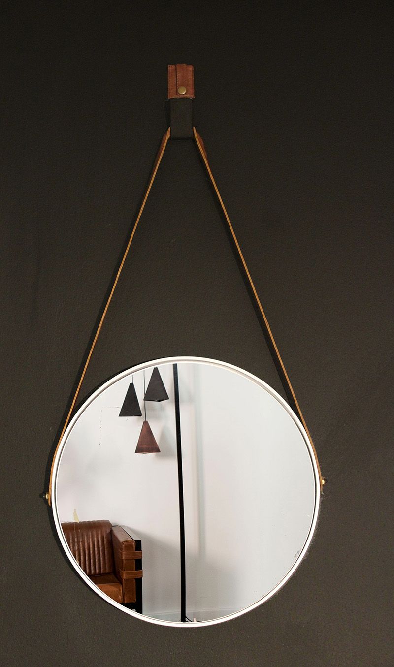 Small Round Mirror – White – Leather Strap » Dark Horse Regarding Black Leather Strap Wall Mirrors (View 1 of 15)
