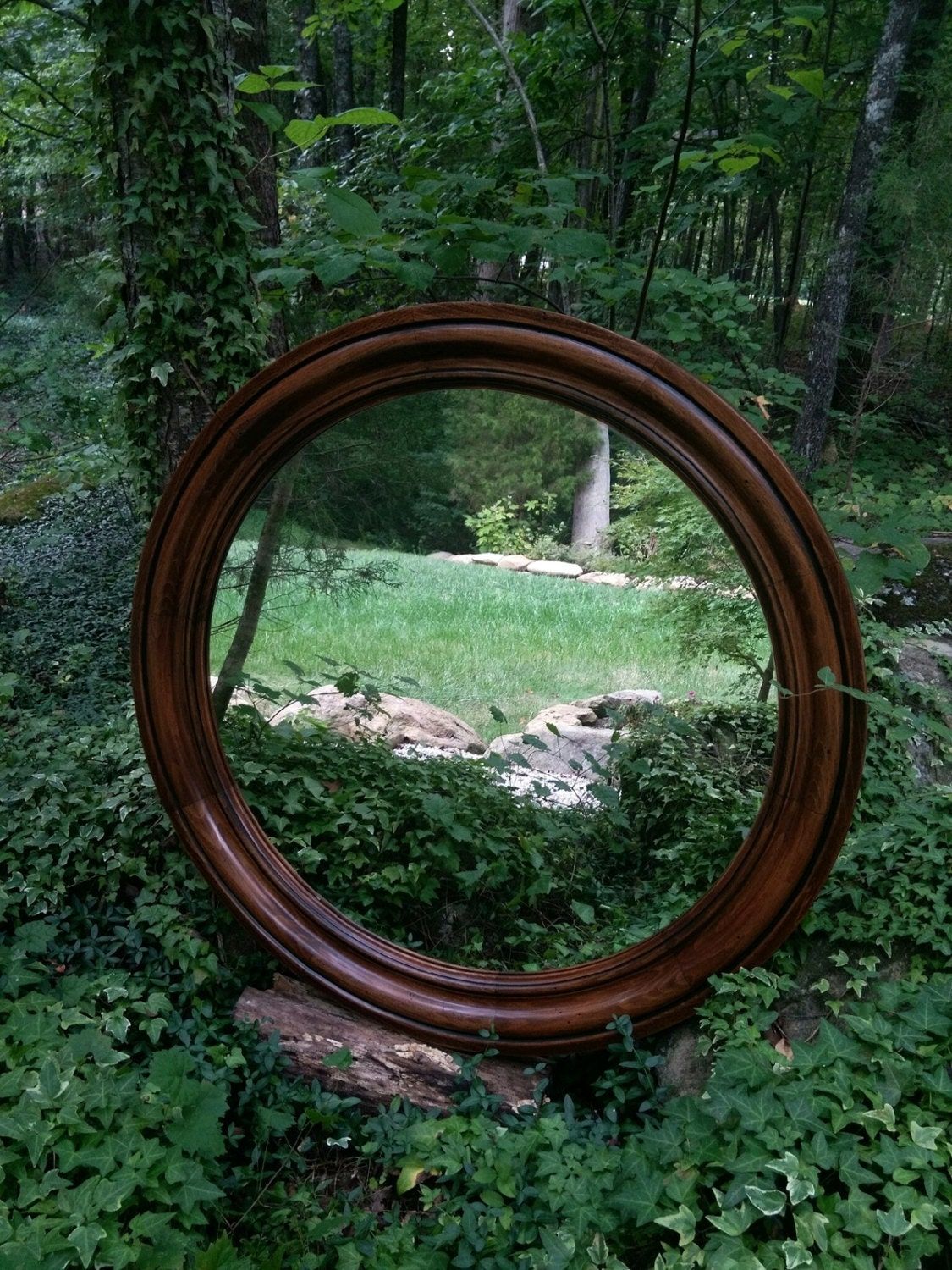 Solid Wood Mirror Large Round Mirror Rustic Mirror 40 Inch Pertaining To Rustic Black Round Oversized Mirrors (View 8 of 15)