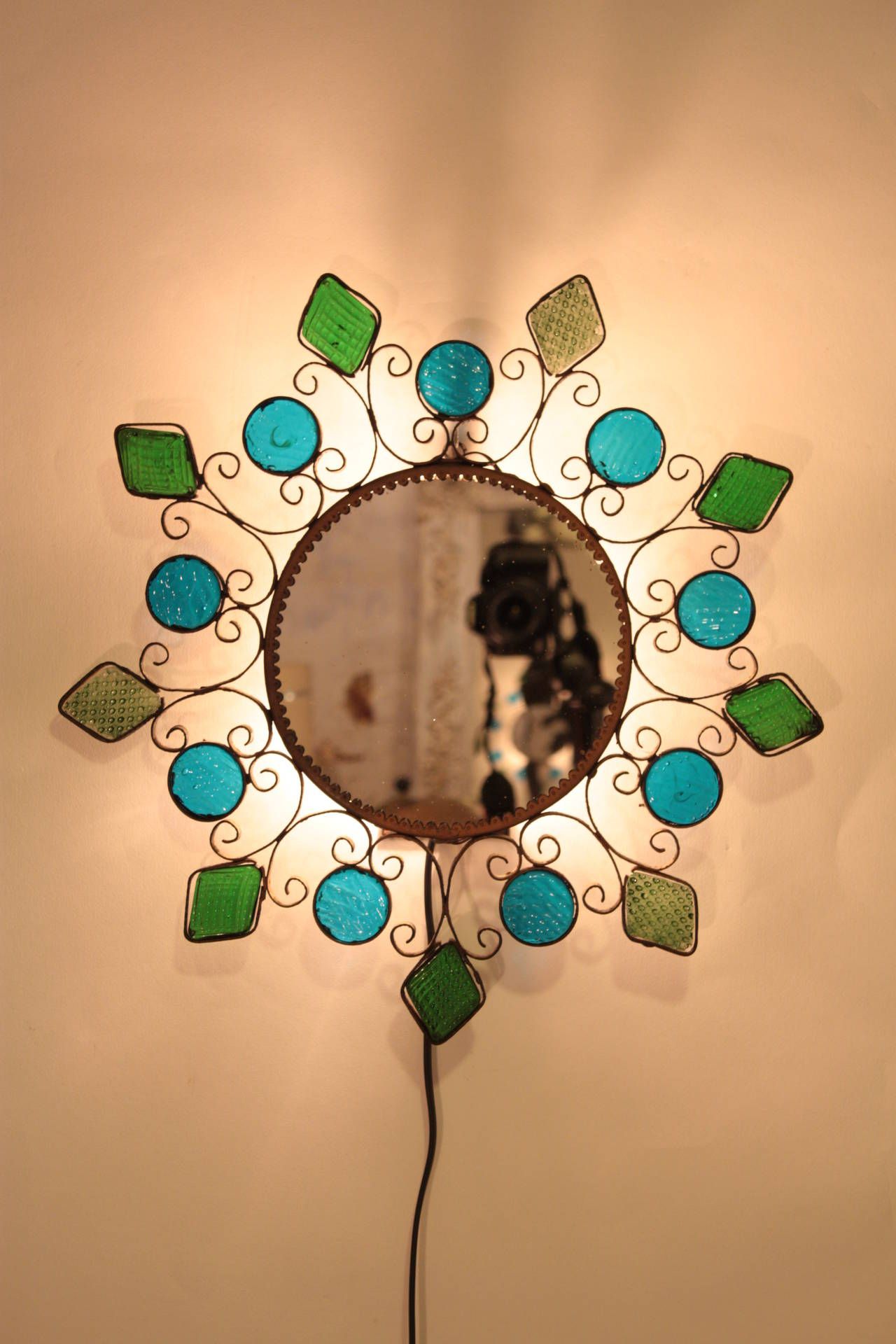 Spanish Blue And Green Glasses Iron Mirror Wall Sconce For Sale At 1Stdibs Within Blue Green Wall Mirrors (View 3 of 15)