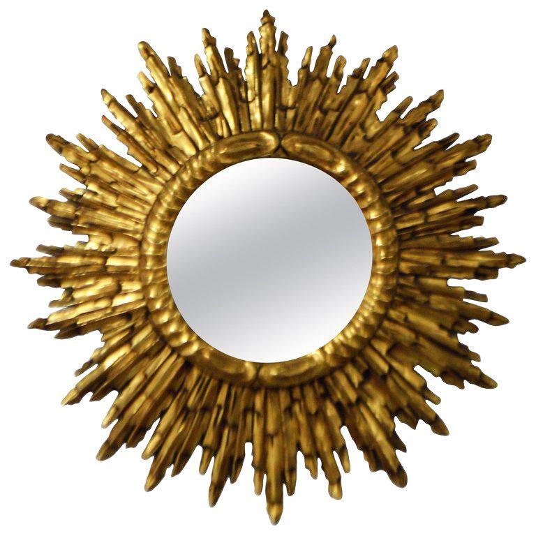 Sunburst Mirror, Gold Leaf Gilded Wood, France Circa 1920, 28" In Intended For Leaf Post Sunburst Round Wall Mirrors (View 4 of 15)