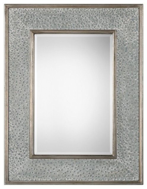 Textured Iron Gray Silver Wall Mirror, 52" Large Vanity Mantel Hammered Pertaining To Gray Wall Mirrors (View 7 of 15)