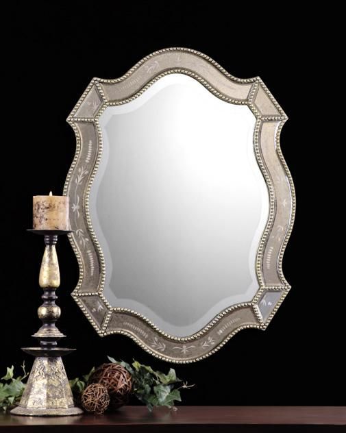 This Shapely Mirror Features Golden Antiqued, Etched Mirrors Accented Intended For Antique Gold Etched Wall Mirrors (View 4 of 15)