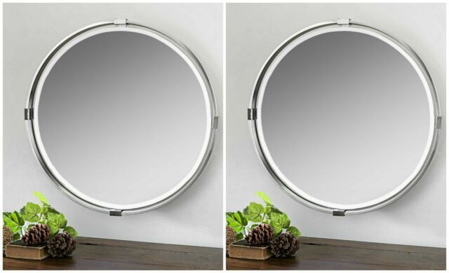 Two Tazlina Xl 30" Modern Brushed Nickel Metal Beveled Round Wall Intended For Brushed Nickel Round Wall Mirrors (View 5 of 15)