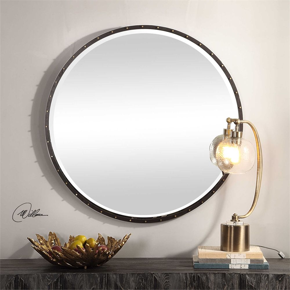 Urban Industrial Black Iron Round Wall Mirror Large 42" Vanity Bath In Round Metal Luxe Gold Wall Mirrors (View 9 of 15)