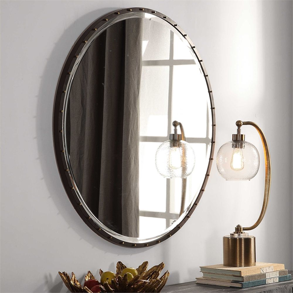 Urban Industrial Black Iron Round Wall Mirror Large 42" Vanity Bath Throughout Distressed Black Round Wall Mirrors (View 12 of 15)
