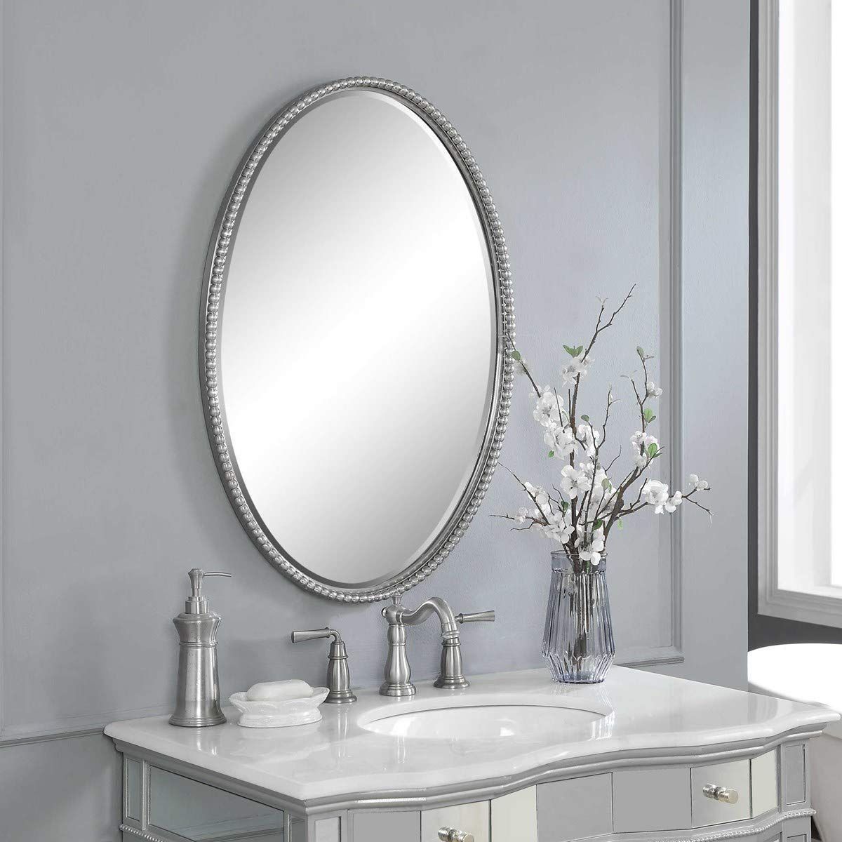 Uttermost' 01102 Sherise Oval Brushed Nickel Beaded Wall Mirror Regarding Nickel Framed Oval Wall Mirrors (View 10 of 15)