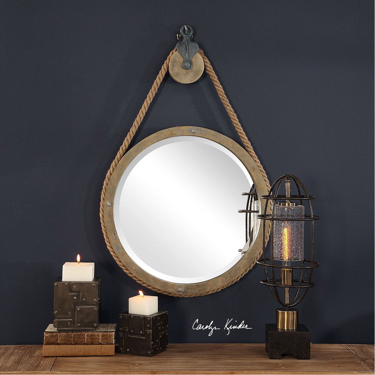 Uttermost 09490 Melton Wall Mirror Aged Natural Wood With Rope And Aged For Black Round Wall Mirrors (View 14 of 15)