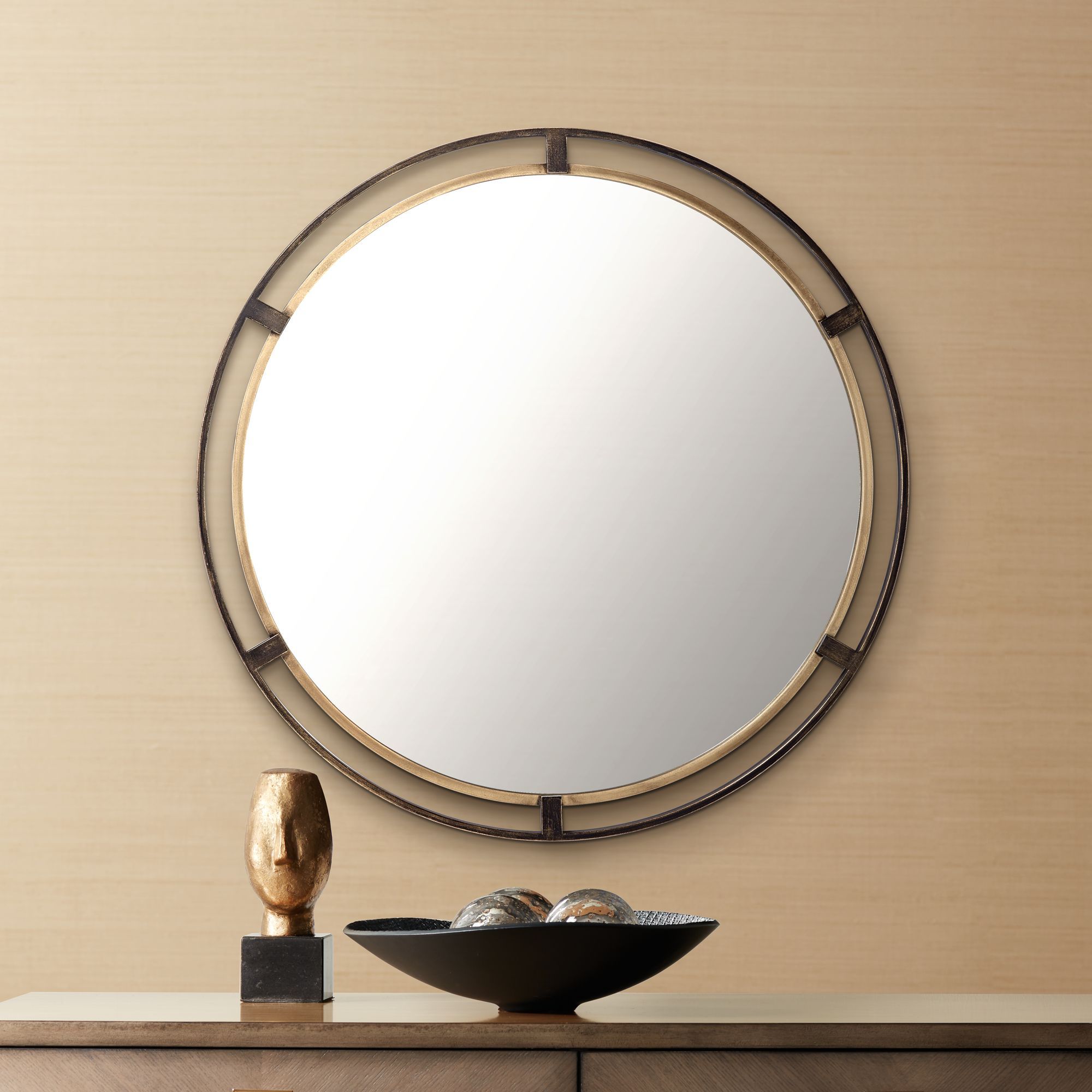 Uttermost Crest Bronze And Gold 34" Round Wall Mirror – Walmart Intended For Silver And Bronze Wall Mirrors (View 4 of 15)