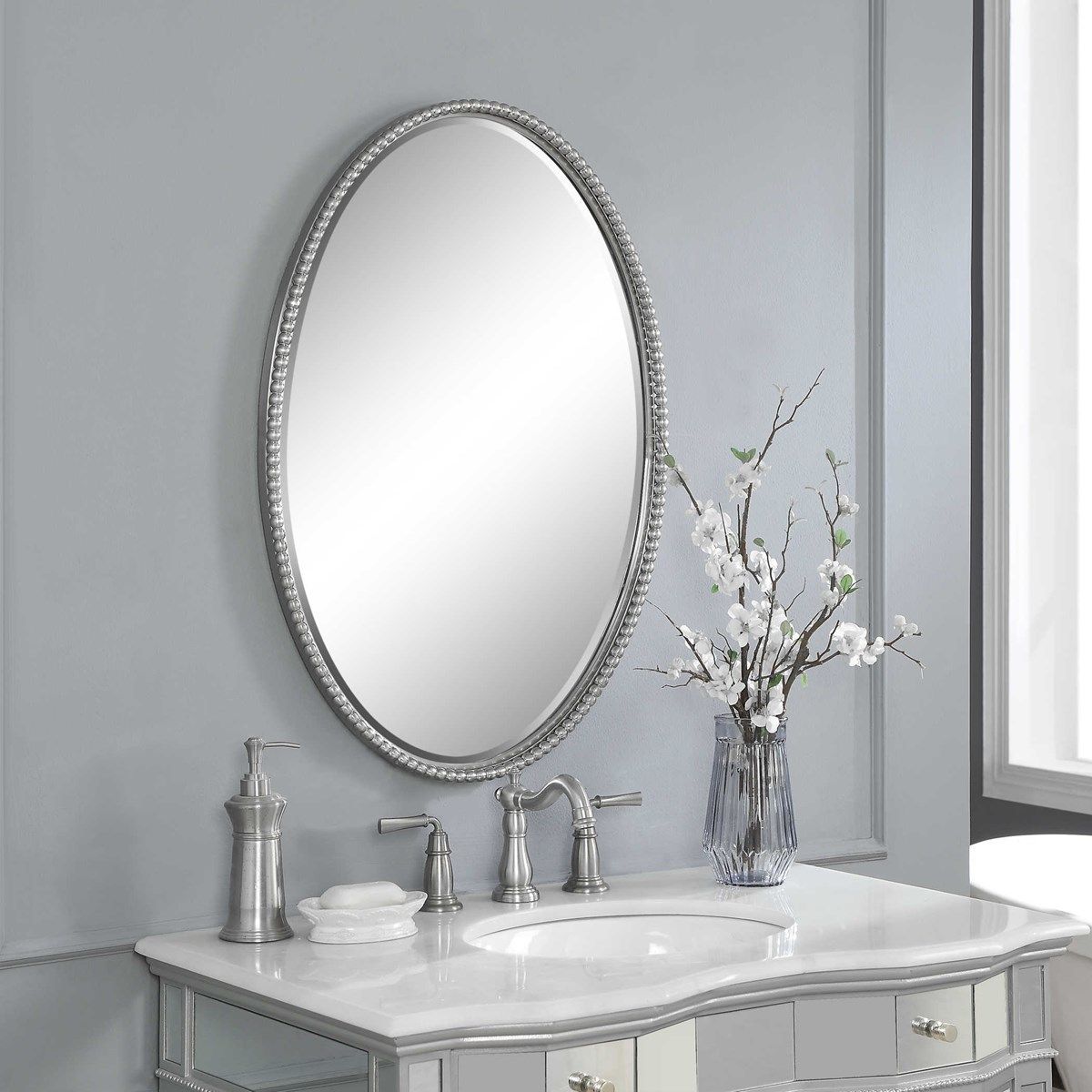 Uttermost Sherise Brushed Nickel Oval Mirror | Oval Mirror Bathroom Regarding Ceiling Hung Polished Nickel Oval Mirrors (View 14 of 15)