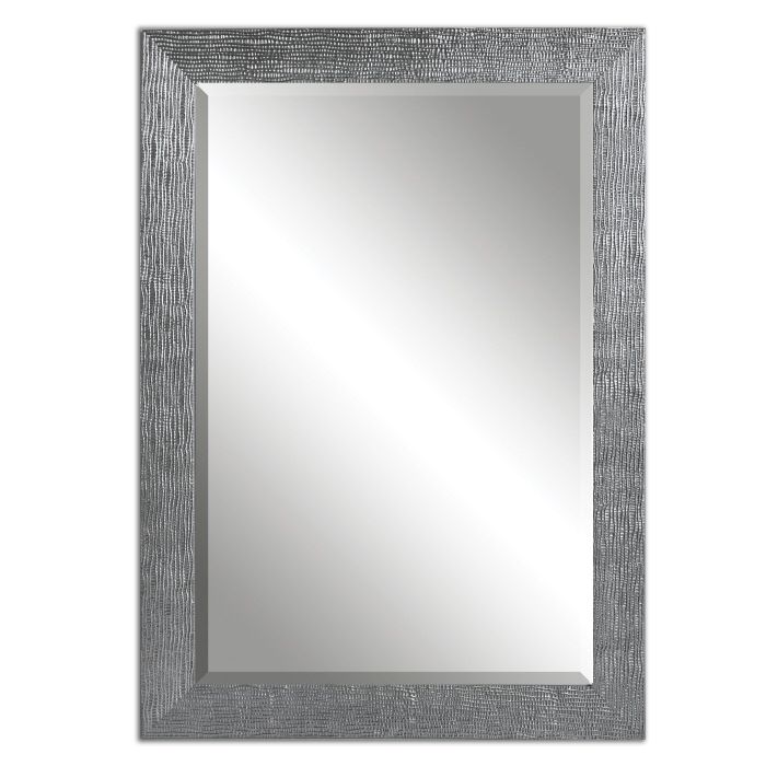 Vanity Silver Gray Rectangular Beveled Wall Mirror Large 42" Modern Within Silver Decorative Wall Mirrors (View 10 of 15)