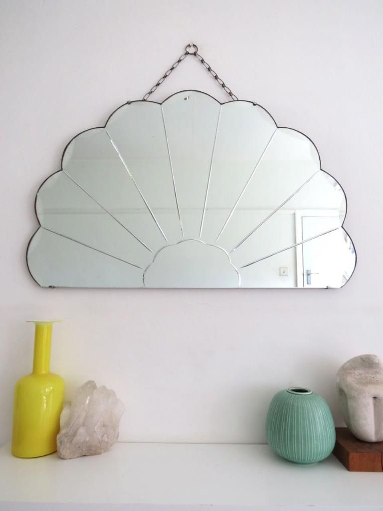 Vintage Art Deco Large Fan Shape Wall Mirror Frameless Bevelled Edge Inside Large Frameless Wall Mirrors (View 11 of 15)