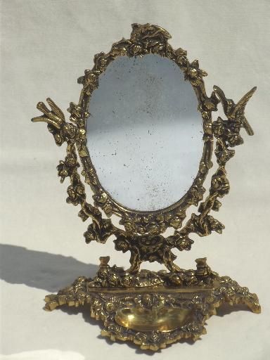Vintage Gilt Brass Mirror Vanity Stand, Ornate Fairy Tale Gold Oval Frame For Aged Silver Vanity Mirrors (View 1 of 15)