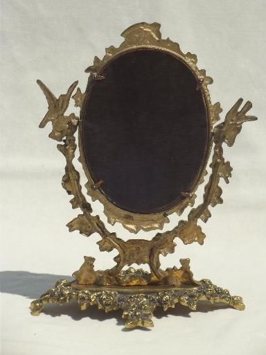 Vintage Gilt Brass Mirror Vanity Stand, Ornate Fairy Tale Gold Oval Frame Pertaining To Aged Silver Vanity Mirrors (View 12 of 15)