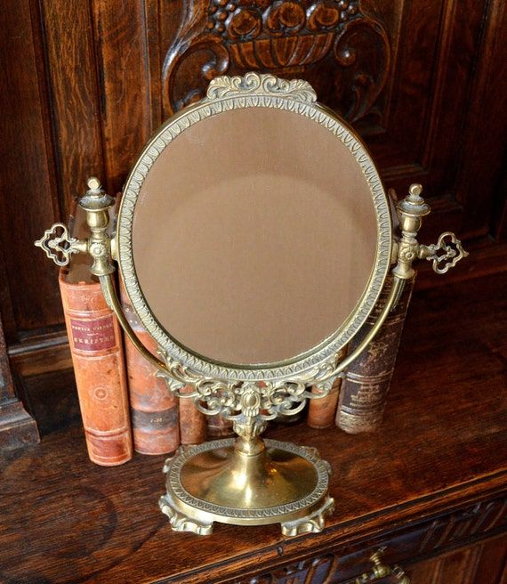 Vintage Large French Brass Vanity Mirror On Stand Pedestal Regarding Antique Brass Standing Mirrors (View 5 of 15)