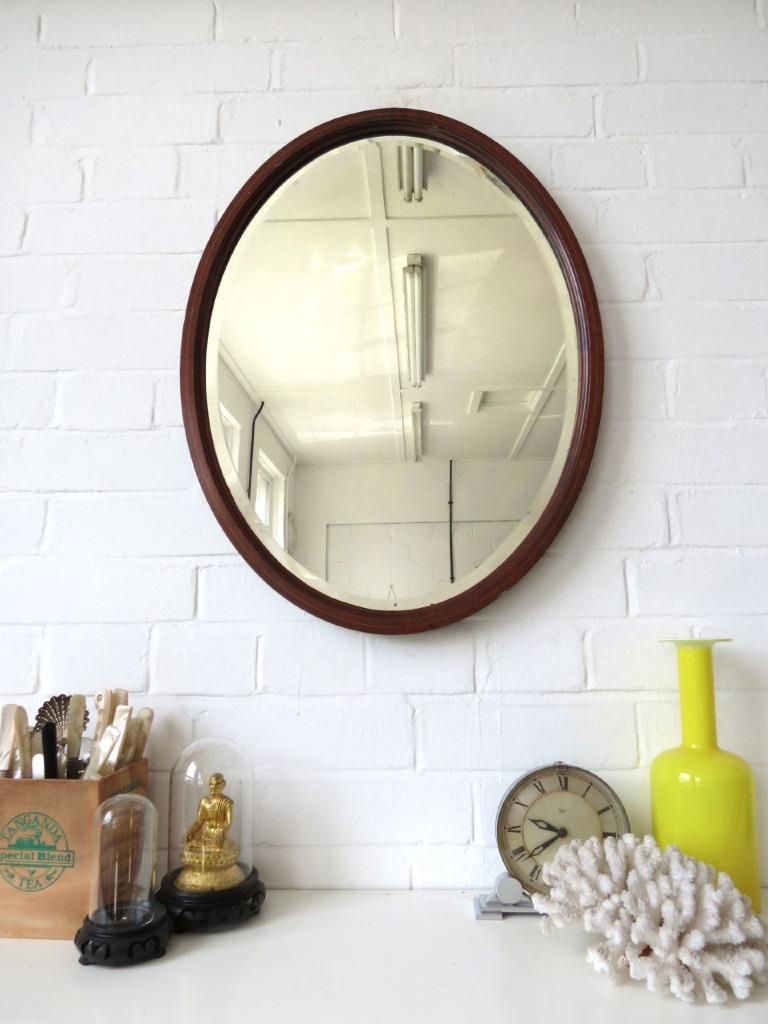 Vintage Large Oval Art Deco Bevelled Edge Wall Mirror With Wood Throughout Smoke Edge Wall Mirrors (View 1 of 15)